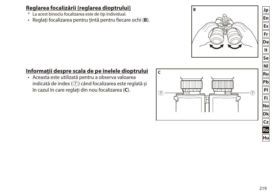 Reglarea focalizării (reglarea dioptrului), Informații despre scala de pe inelele dioptrului | Nikon 7x50 WX IF Binocular (Black) User Manual | Page 219 / 240
