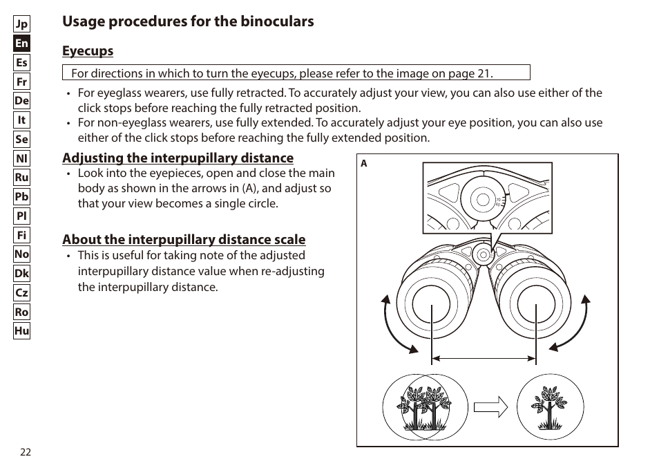 Usage procedures for the binoculars, Eyecups, Adjusting the interpupillary distance | About the interpupillary distance scale | Nikon 7x50 WX IF Binocular (Black) User Manual | Page 22 / 240