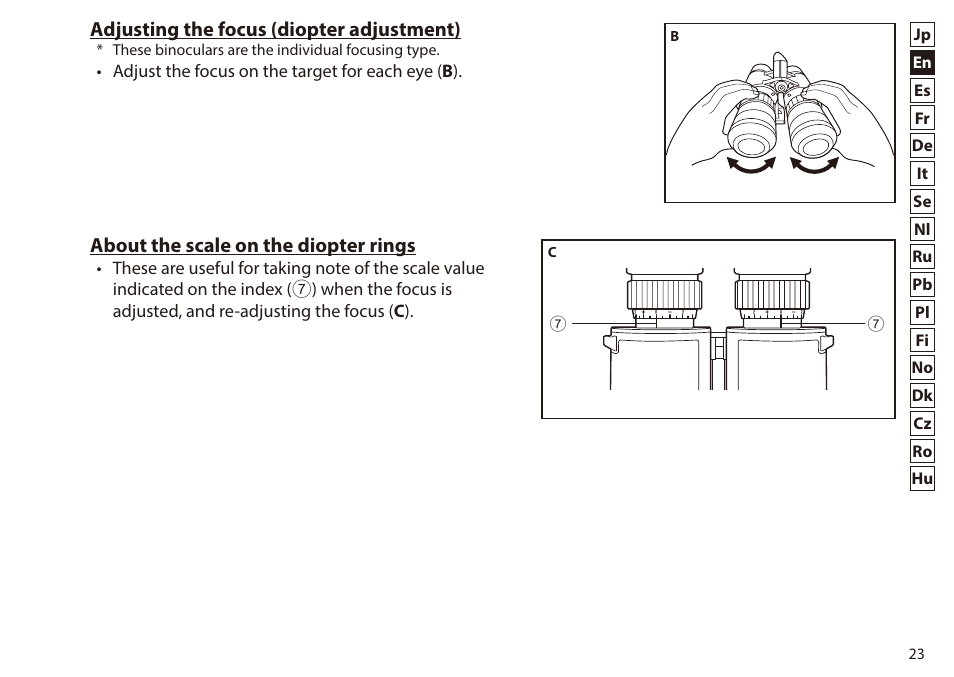 Adjusting the focus (diopter adjustment), About the scale on the diopter rings | Nikon 7x50 WX IF Binocular (Black) User Manual | Page 23 / 240
