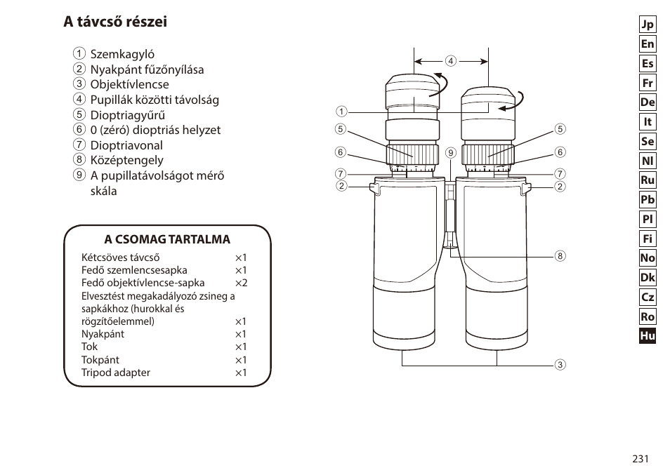 A távcső részei | Nikon 7x50 WX IF Binocular (Black) User Manual | Page 231 / 240