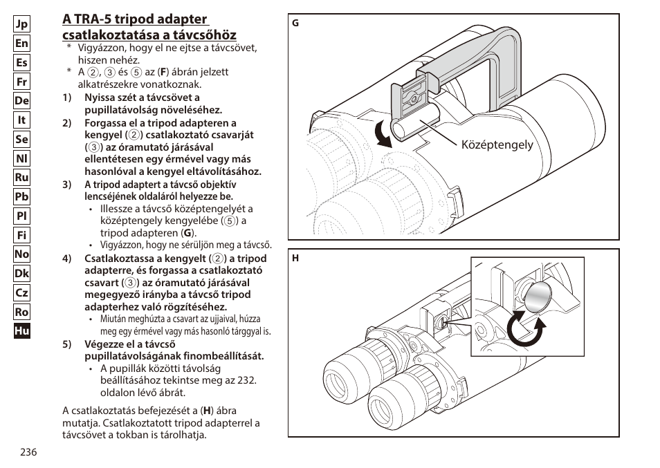 A tra-5 tripod adapter csatlakoztatása a távcsőhöz | Nikon 7x50 WX IF Binocular (Black) User Manual | Page 236 / 240