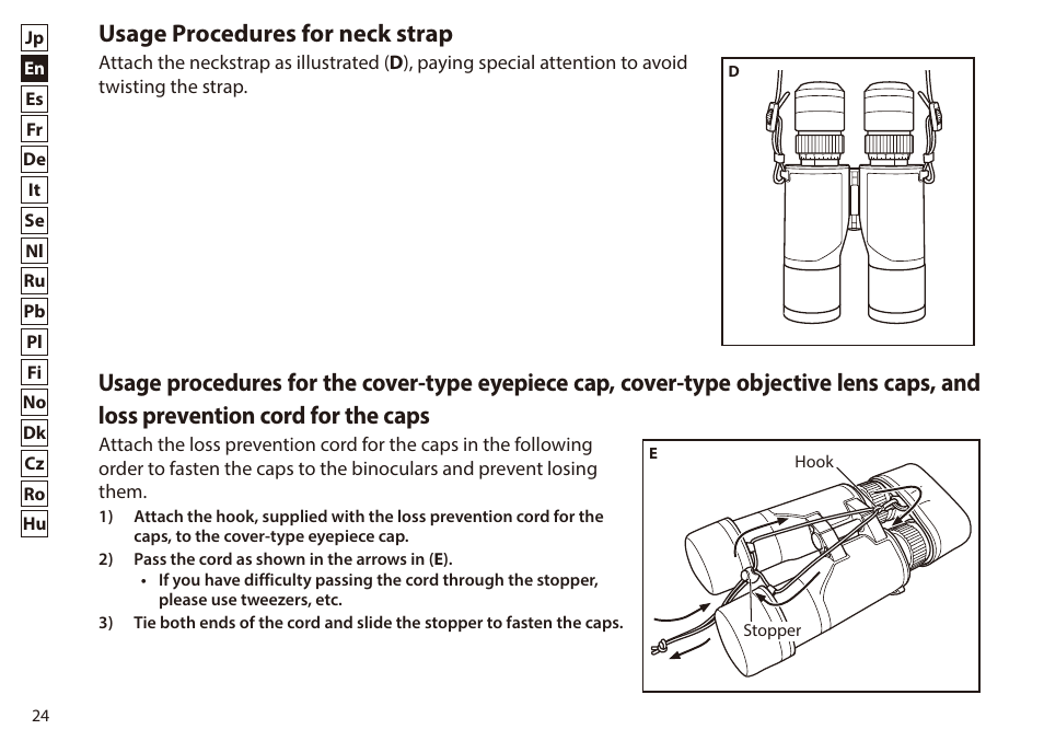 Usage procedures for neck strap | Nikon 7x50 WX IF Binocular (Black) User Manual | Page 24 / 240