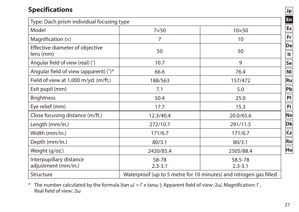 Specifications | Nikon 7x50 WX IF Binocular (Black) User Manual | Page 27 / 240