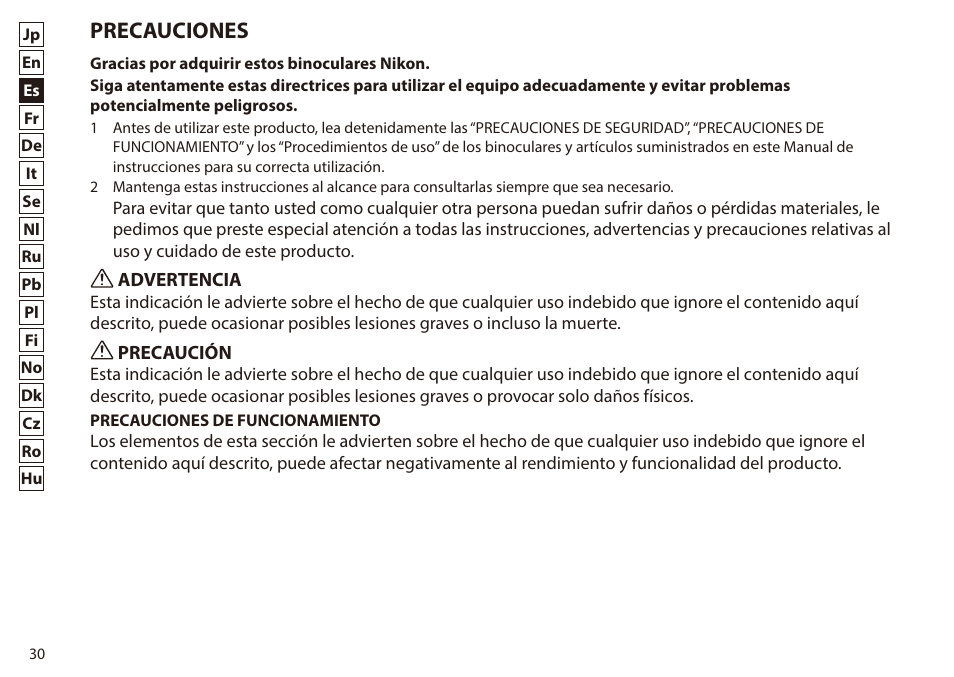 Precauciones | Nikon 7x50 WX IF Binocular (Black) User Manual | Page 30 / 240