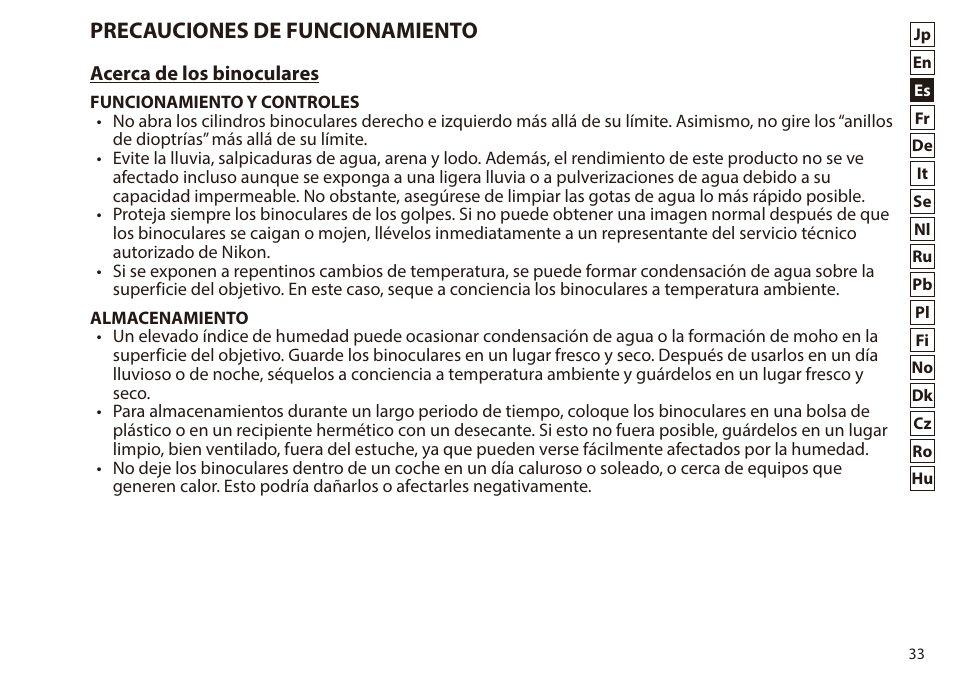 Precauciones de funcionamiento | Nikon 7x50 WX IF Binocular (Black) User Manual | Page 33 / 240