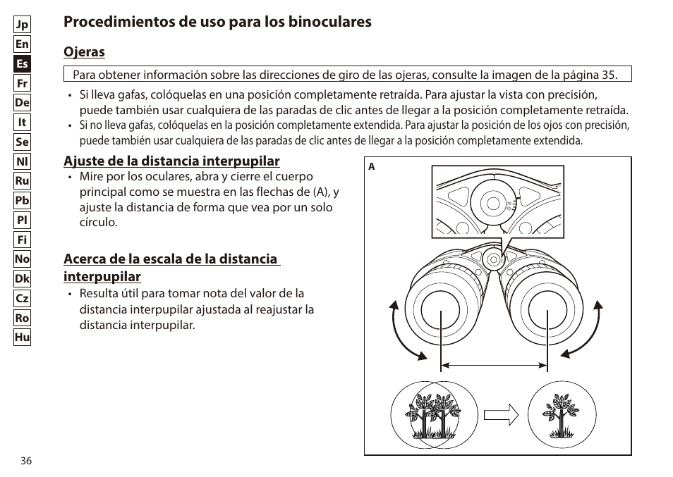 Procedimientos de uso para los binoculares, Ojeras, Ajuste de la distancia interpupilar | Acerca de la escala de la distancia interpupilar | Nikon 7x50 WX IF Binocular (Black) User Manual | Page 36 / 240