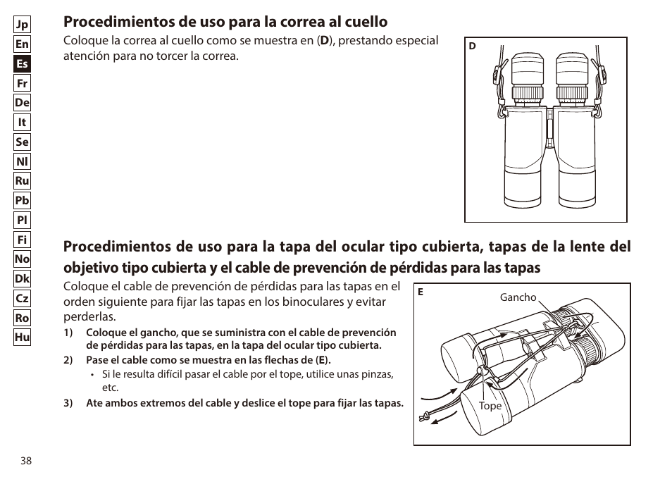 Procedimientos de uso para la correa al cuello | Nikon 7x50 WX IF Binocular (Black) User Manual | Page 38 / 240