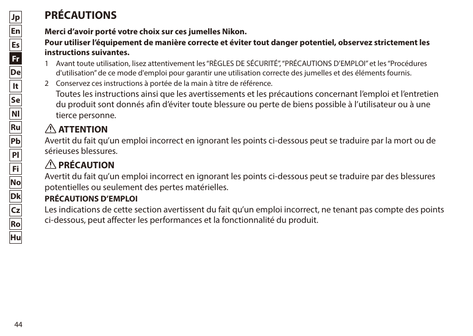 Précautions | Nikon 7x50 WX IF Binocular (Black) User Manual | Page 44 / 240