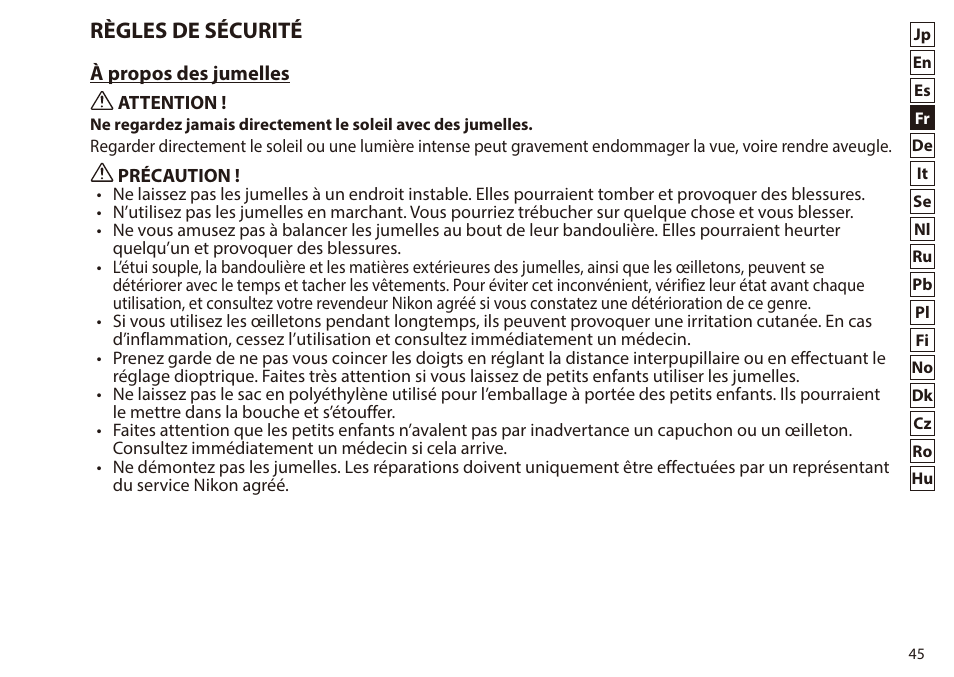 Règles de sécurité | Nikon 7x50 WX IF Binocular (Black) User Manual | Page 45 / 240