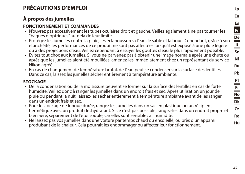 Précautions d’emploi | Nikon 7x50 WX IF Binocular (Black) User Manual | Page 47 / 240