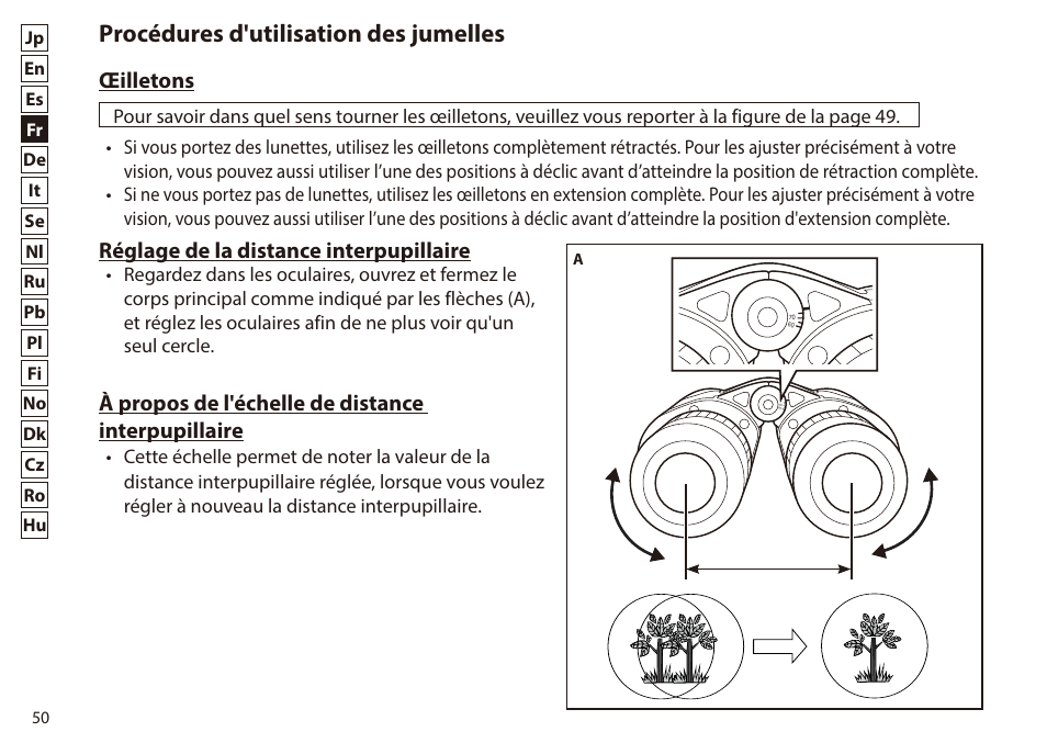 Procédures d'utilisation des jumelles, Œilletons, Réglage de la distance interpupillaire | À propos de l'échelle de distance interpupillaire | Nikon 7x50 WX IF Binocular (Black) User Manual | Page 50 / 240