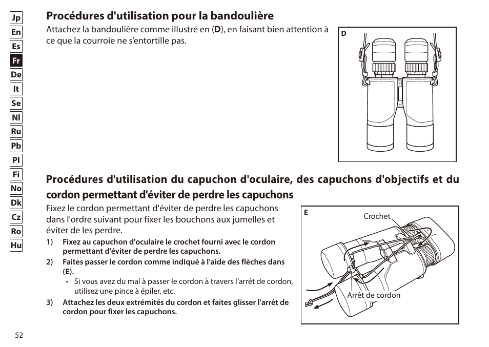 Procédures d'utilisation pour la bandoulière | Nikon 7x50 WX IF Binocular (Black) User Manual | Page 52 / 240