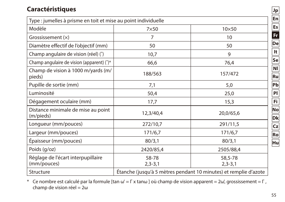 Caractéristiques | Nikon 7x50 WX IF Binocular (Black) User Manual | Page 55 / 240