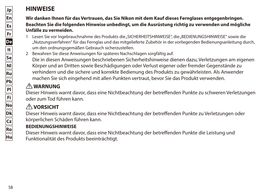 Hinweise | Nikon 7x50 WX IF Binocular (Black) User Manual | Page 58 / 240