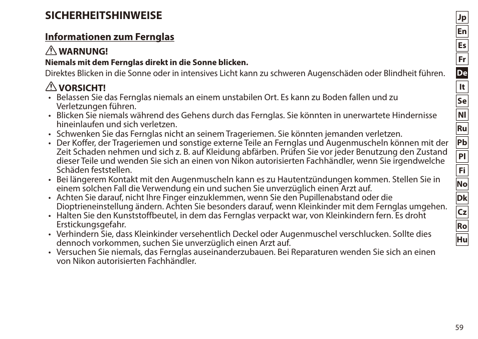 Sicherheitshinweise | Nikon 7x50 WX IF Binocular (Black) User Manual | Page 59 / 240
