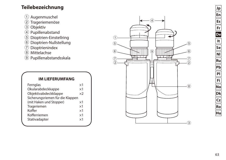 Teilebezeichnung | Nikon 7x50 WX IF Binocular (Black) User Manual | Page 63 / 240