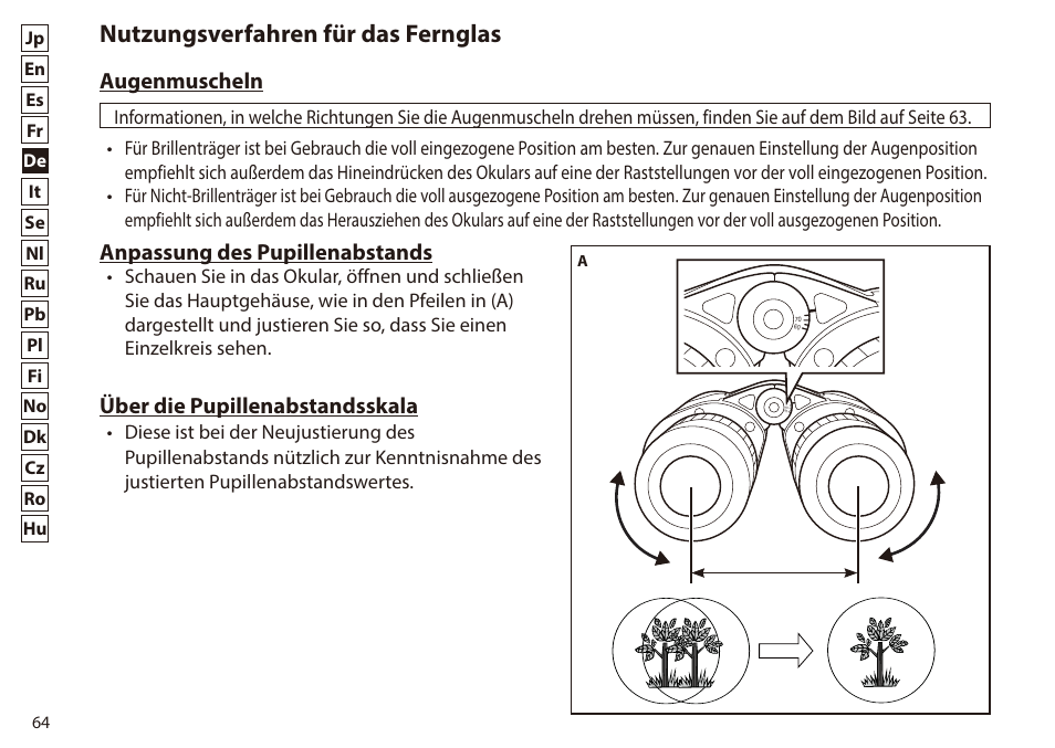 Nutzungsverfahren für das fernglas, Augenmuscheln, Anpassung des pupillenabstands | Über die pupillenabstandsskala | Nikon 7x50 WX IF Binocular (Black) User Manual | Page 64 / 240