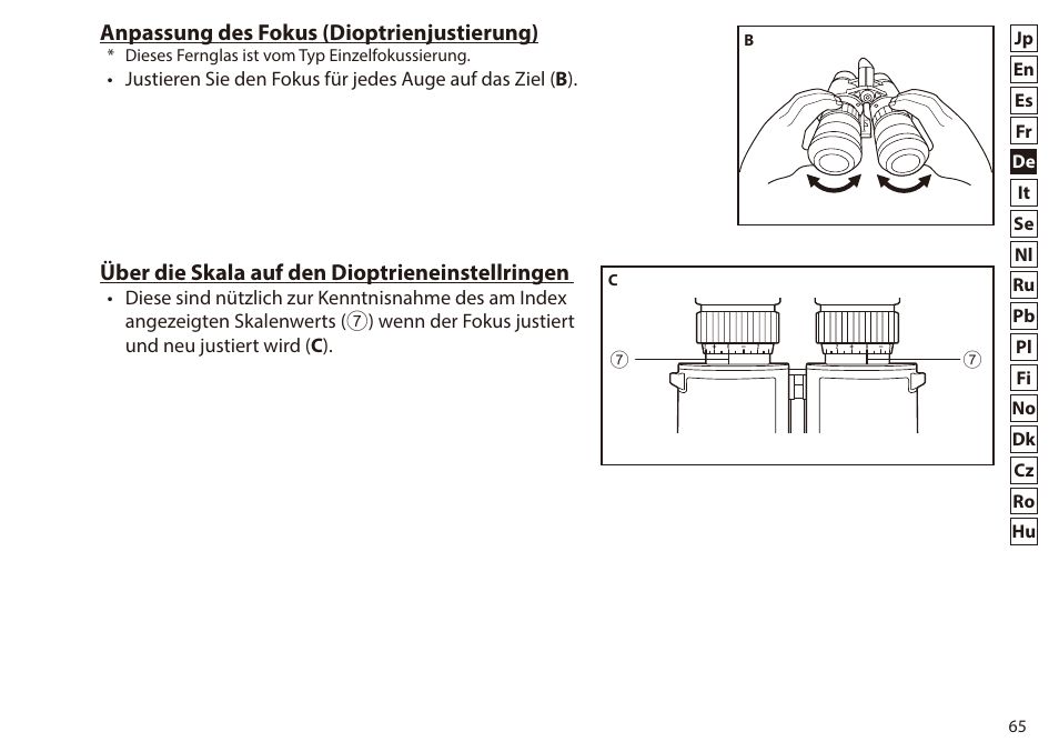 Anpassung des fokus (dioptrienjustierung), Über die skala auf den dioptrieneinstellringen | Nikon 7x50 WX IF Binocular (Black) User Manual | Page 65 / 240