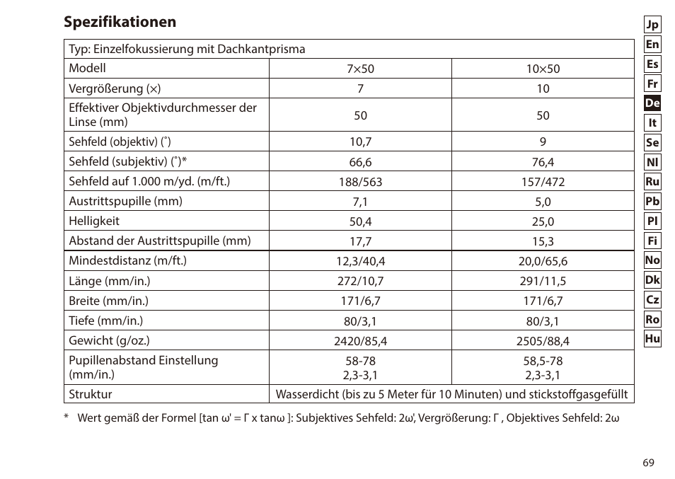 Spezifikationen | Nikon 7x50 WX IF Binocular (Black) User Manual | Page 69 / 240