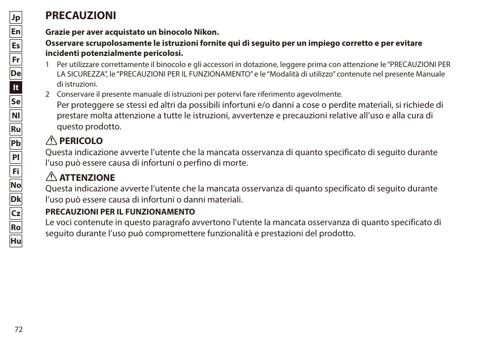 Precauzioni | Nikon 7x50 WX IF Binocular (Black) User Manual | Page 72 / 240