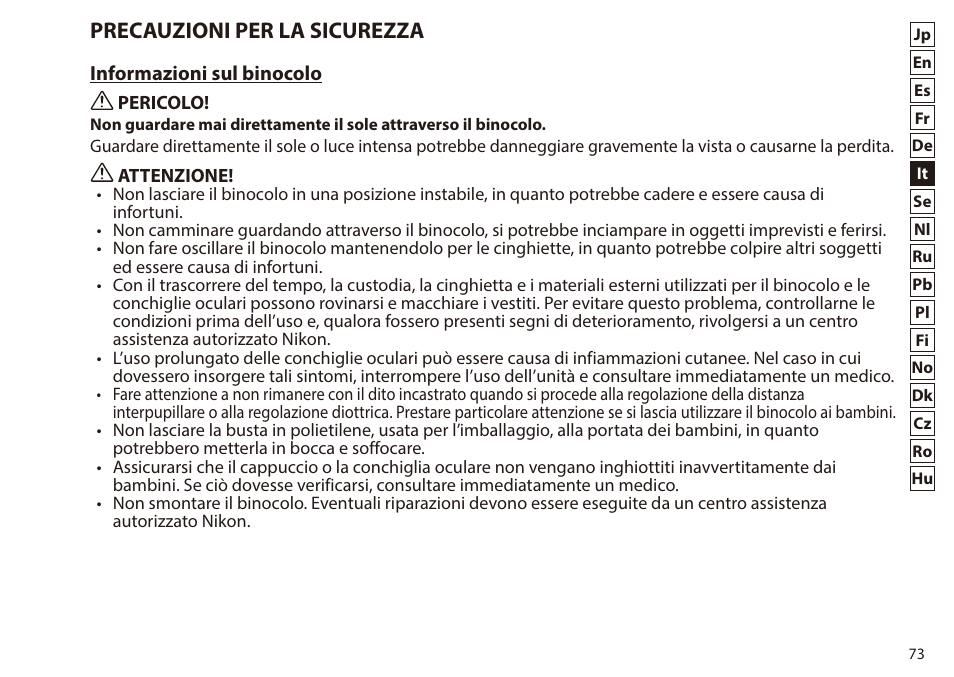 Precauzioni per la sicurezza | Nikon 7x50 WX IF Binocular (Black) User Manual | Page 73 / 240