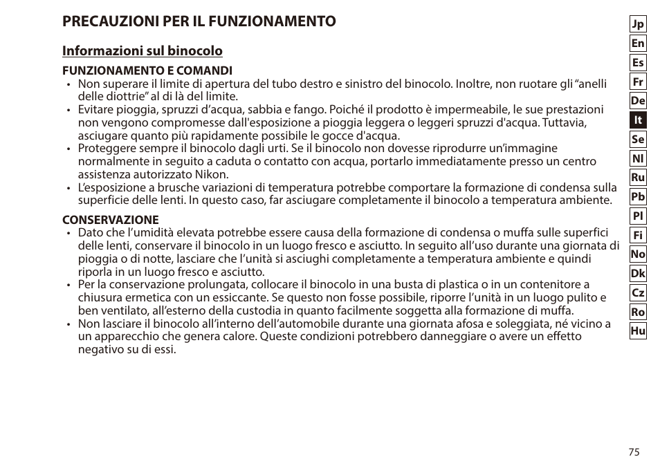 Precauzioni per il funzionamento | Nikon 7x50 WX IF Binocular (Black) User Manual | Page 75 / 240