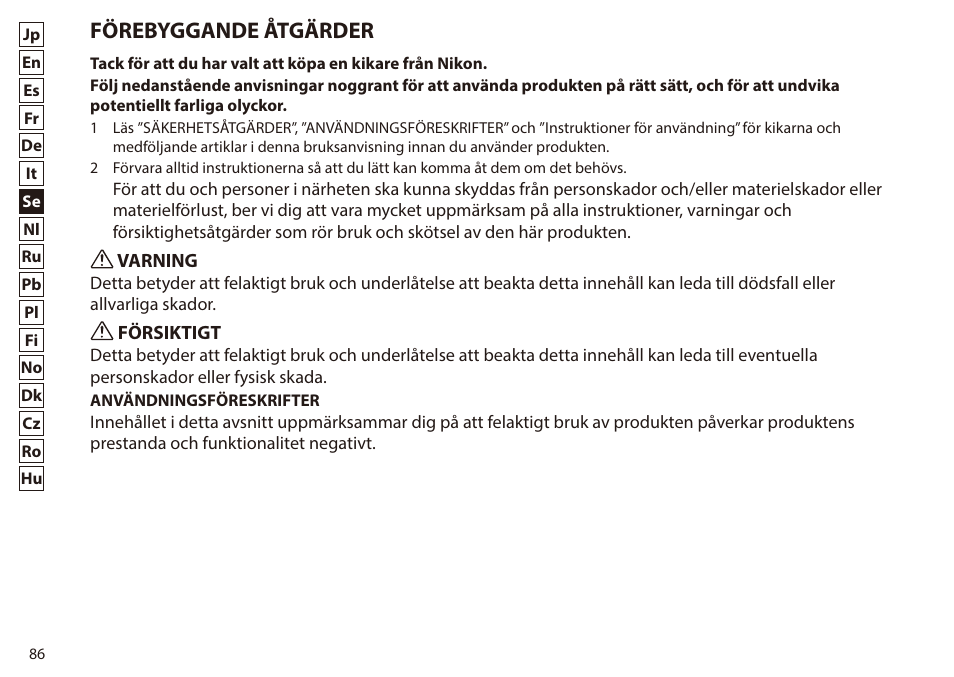 Förebyggande åtgärder | Nikon 7x50 WX IF Binocular (Black) User Manual | Page 86 / 240