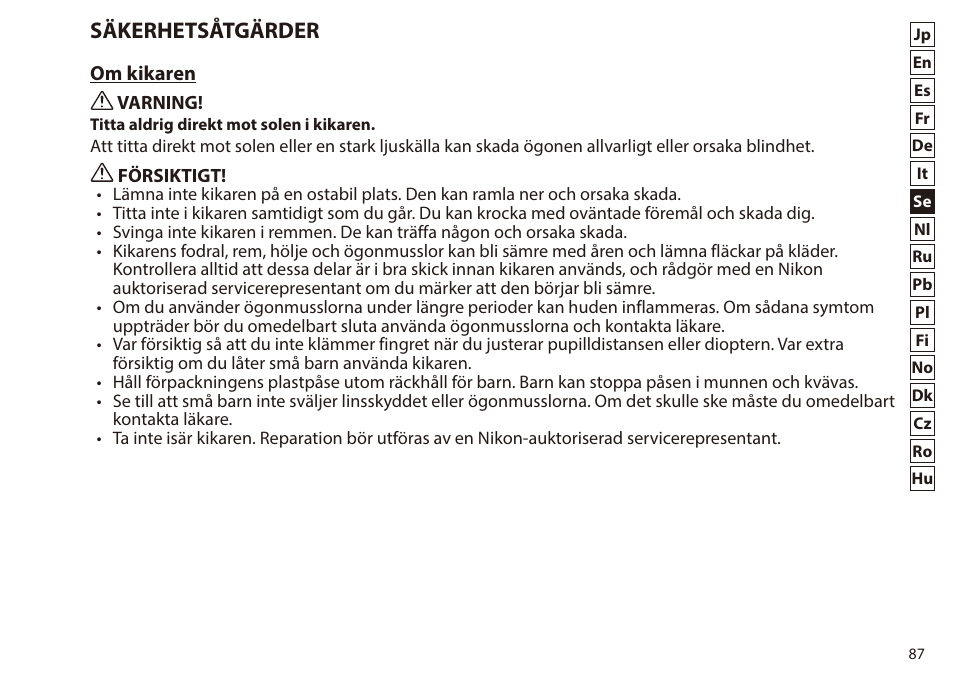 Säkerhetsåtgärder | Nikon 7x50 WX IF Binocular (Black) User Manual | Page 87 / 240