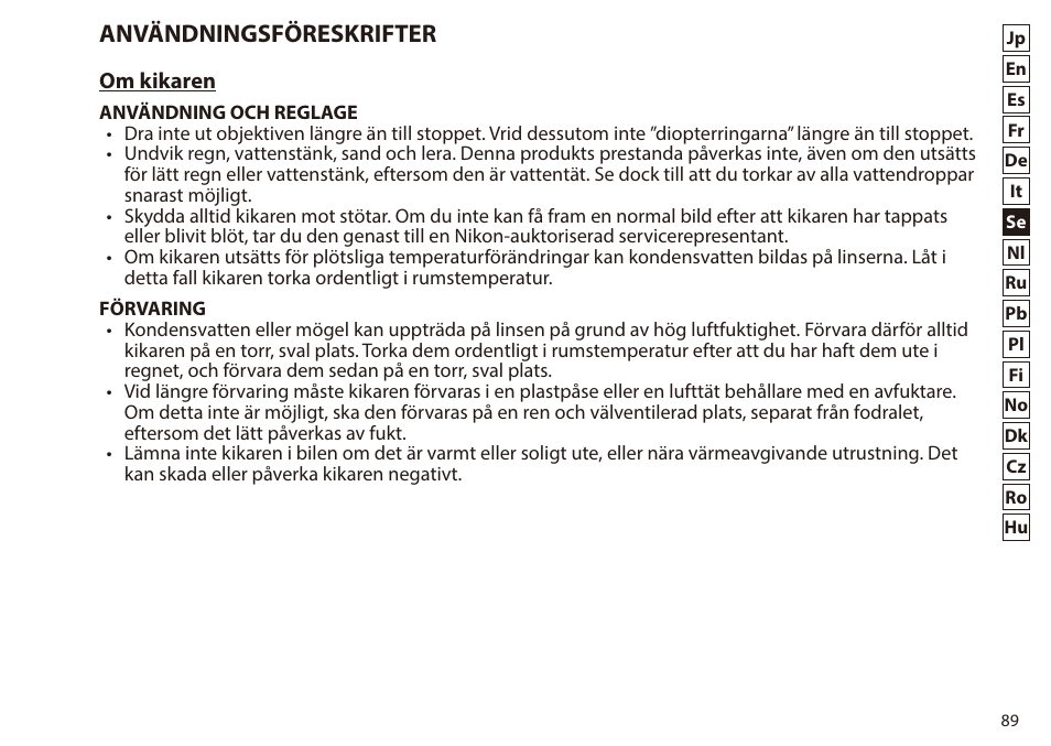 Användningsföreskrifter | Nikon 7x50 WX IF Binocular (Black) User Manual | Page 89 / 240