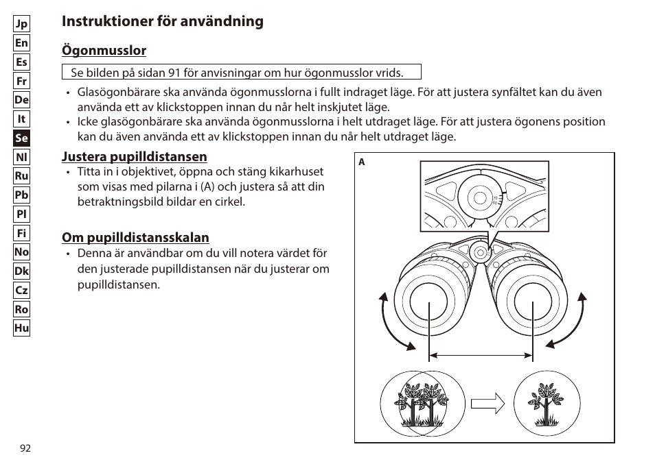 Instruktioner för användning, Ögonmusslor, Justera pupilldistansen | Om pupilldistansskalan | Nikon 7x50 WX IF Binocular (Black) User Manual | Page 92 / 240