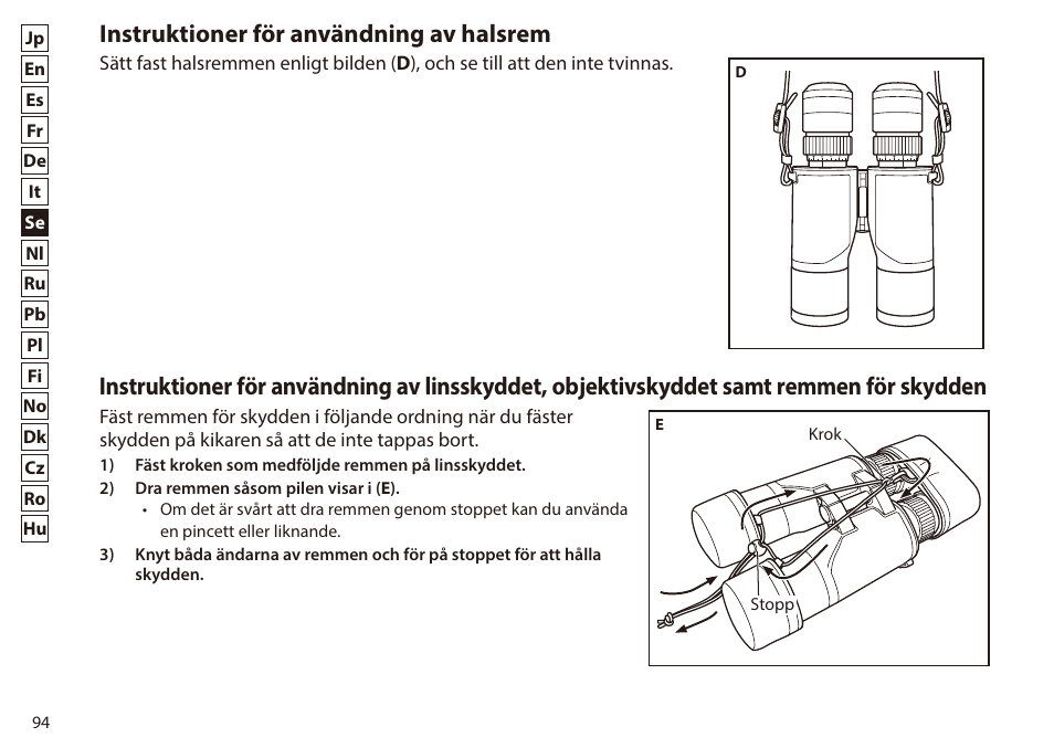 Instruktioner för användning av halsrem | Nikon 7x50 WX IF Binocular (Black) User Manual | Page 94 / 240