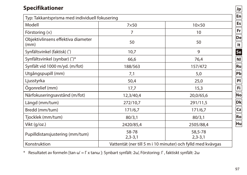 Specifikationer | Nikon 7x50 WX IF Binocular (Black) User Manual | Page 97 / 240