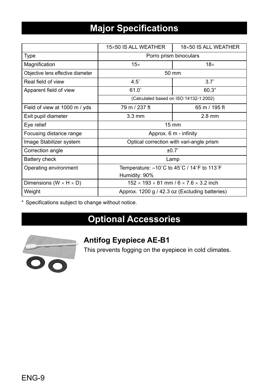 Major specifications, Optional accessories, Eng-9 | Antifog eyepiece ae-b1 | Canon 18x50 IS Image Stabilized Binoculars User Manual | Page 10 / 12