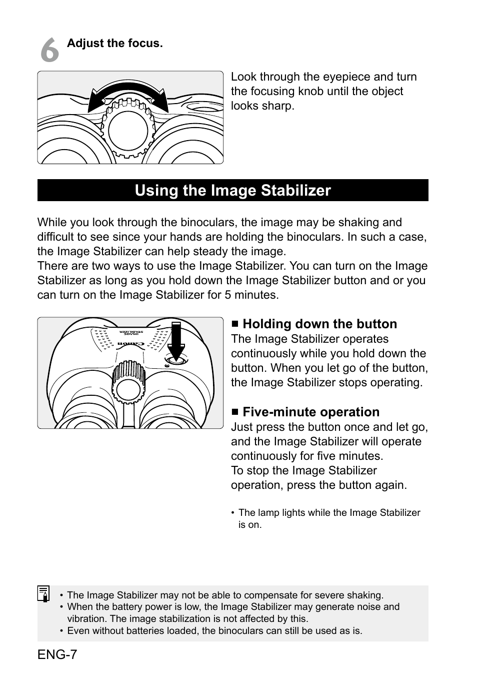 Using the image stabilizer | Canon 18x50 IS Image Stabilized Binoculars User Manual | Page 8 / 12