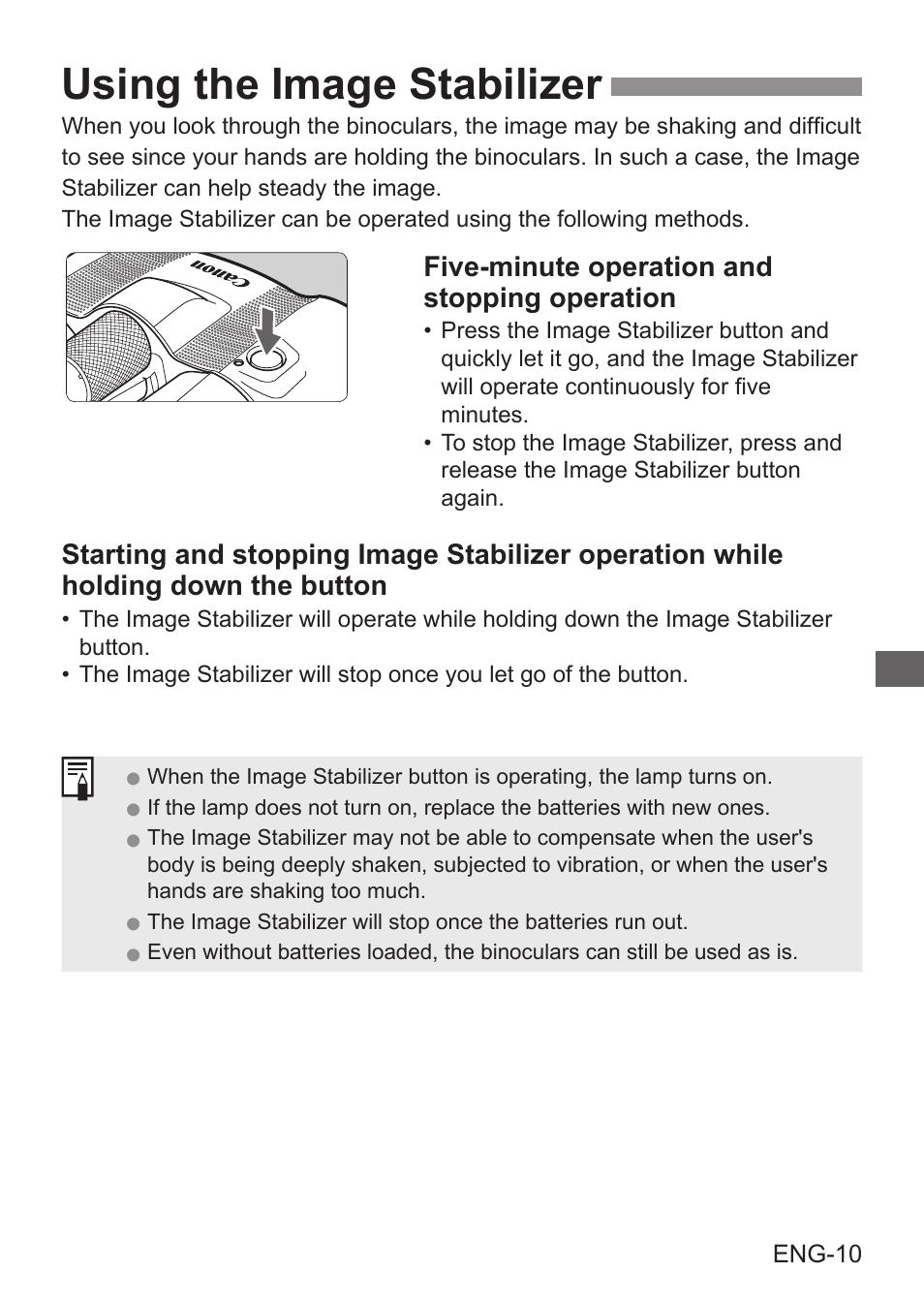 Using the image stabilizer, Five-minute operation and stopping operation | Canon 8x20 IS Image Stabilized Binoculars User Manual | Page 11 / 16