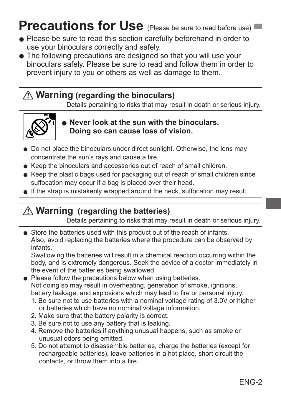 Precautions for use, Warning | Canon 8x20 IS Image Stabilized Binoculars User Manual | Page 3 / 16