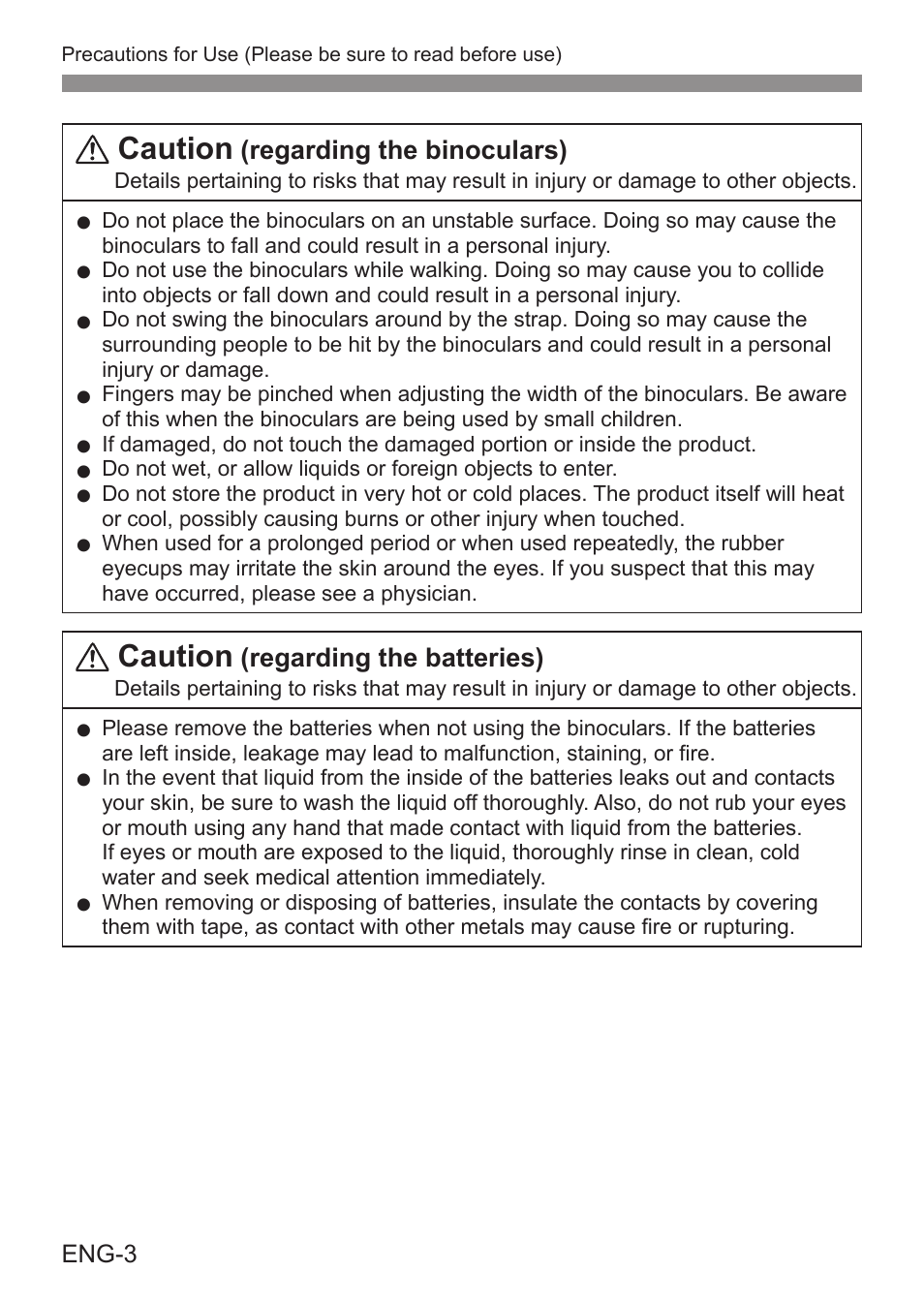 Caution, Regarding the binoculars), Regarding the batteries) | Canon 8x20 IS Image Stabilized Binoculars User Manual | Page 4 / 16