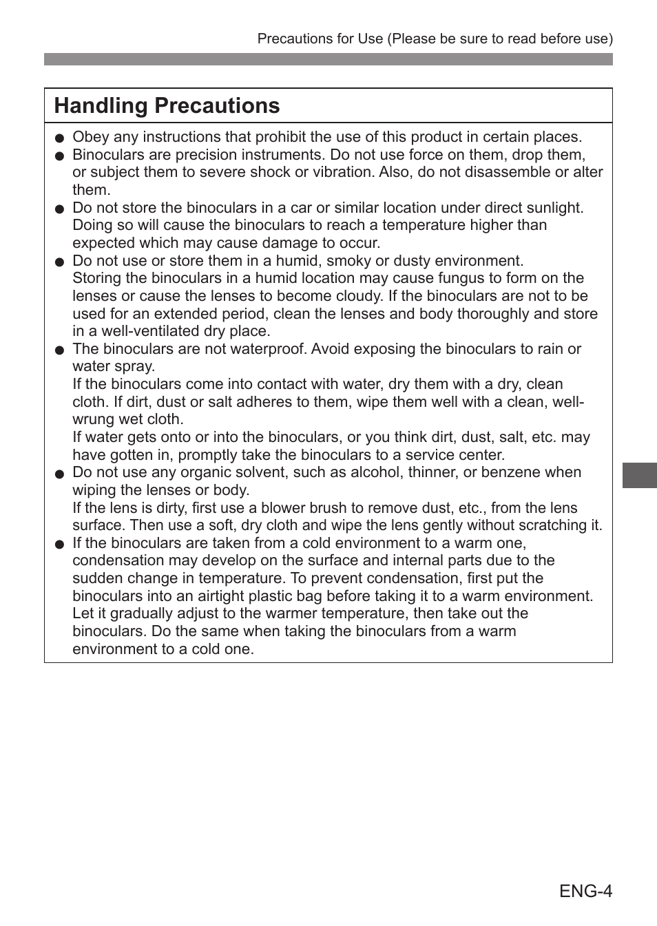 Handling precautions | Canon 8x20 IS Image Stabilized Binoculars User Manual | Page 5 / 16