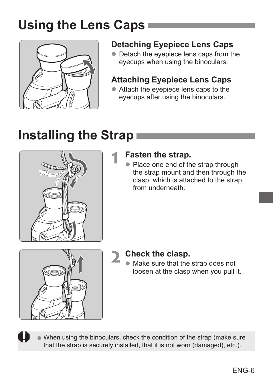 Using the lens caps, Installing the strap | Canon 8x20 IS Image Stabilized Binoculars User Manual | Page 7 / 16