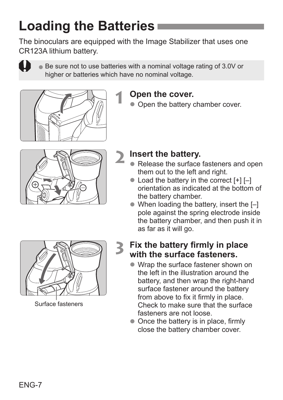 Loading the batteries | Canon 8x20 IS Image Stabilized Binoculars User Manual | Page 8 / 16