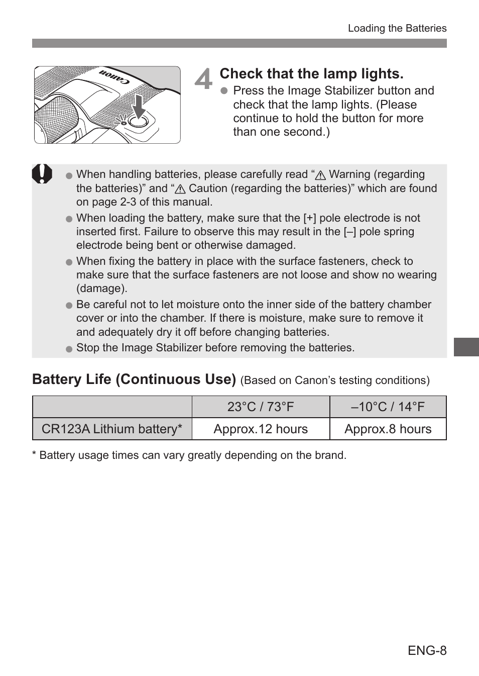 Check that the lamp lights, Battery life (continuous use) | Canon 8x20 IS Image Stabilized Binoculars User Manual | Page 9 / 16