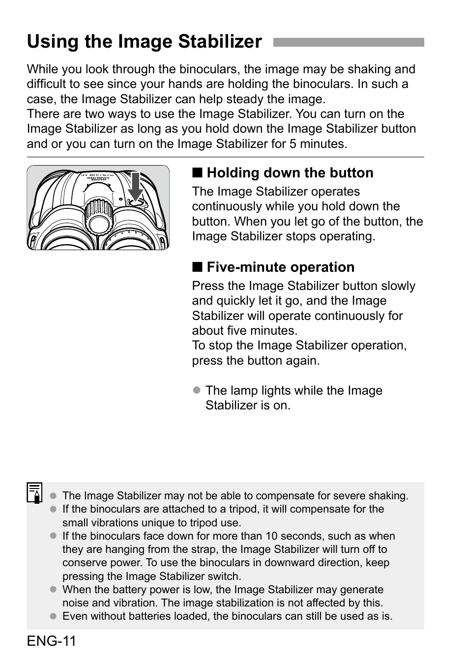 Using the image stabilizer | Canon 10x42 L IS WP Image Stabilized Binoculars User Manual | Page 12 / 17