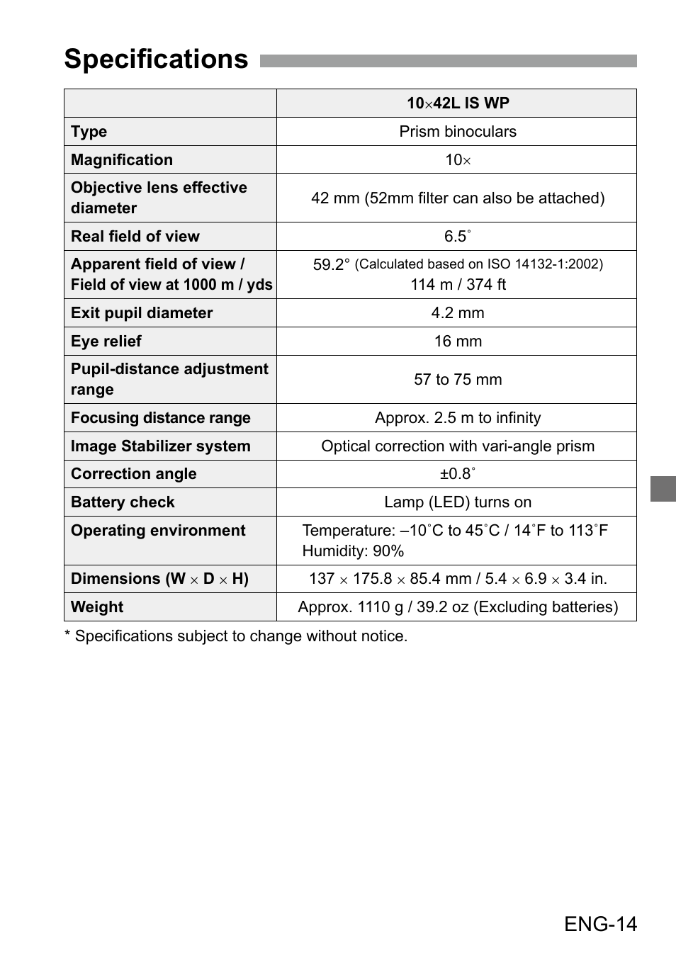 Specifications, Eng-14 | Canon 10x42 L IS WP Image Stabilized Binoculars User Manual | Page 15 / 17