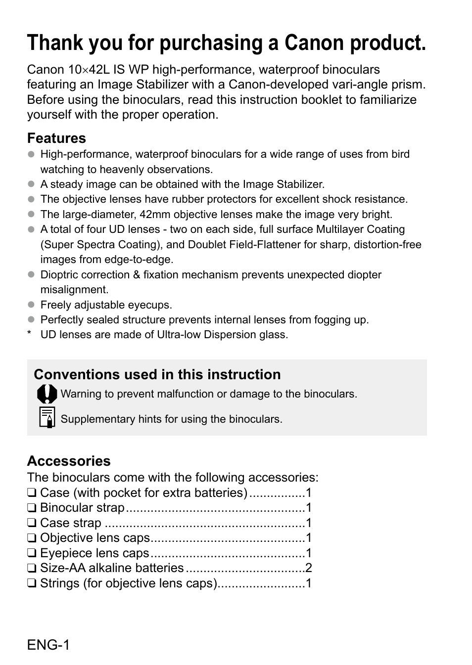 Eng-1, Features, Accessories | Conventions used in this instruction | Canon 10x42 L IS WP Image Stabilized Binoculars User Manual | Page 2 / 17