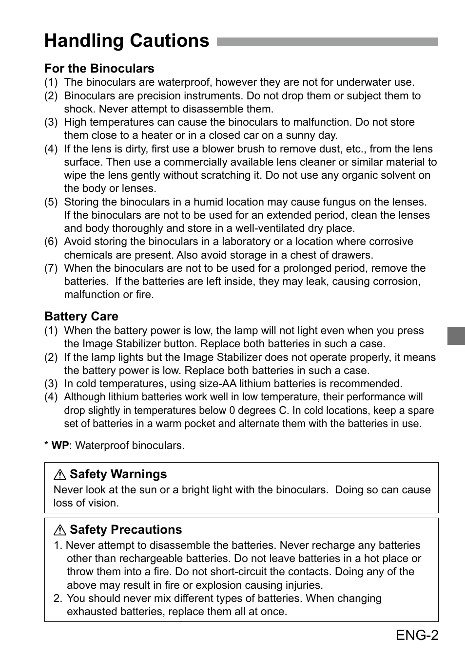 Handling cautions, Eng-2 | Canon 10x42 L IS WP Image Stabilized Binoculars User Manual | Page 3 / 17