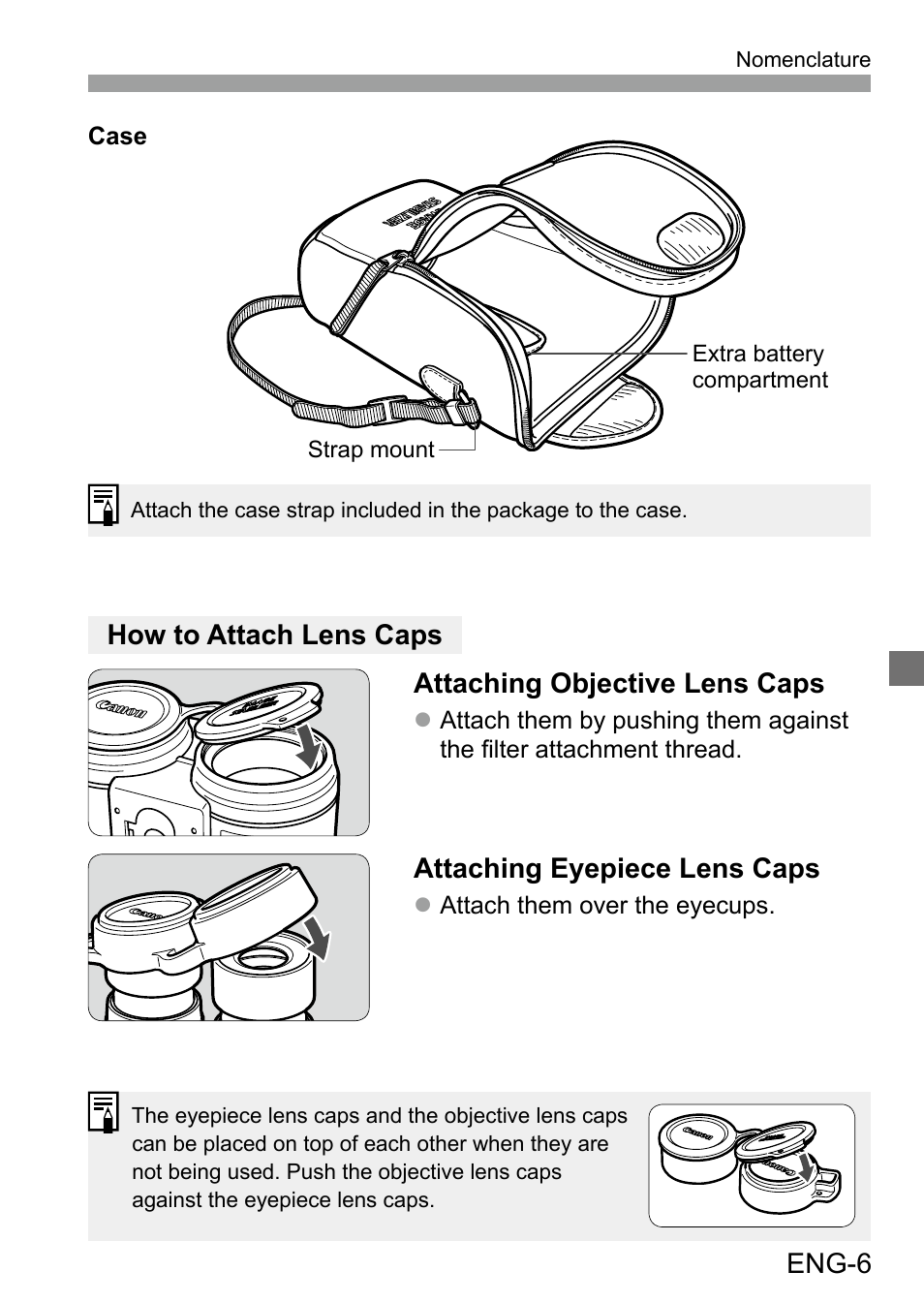 Eng-6, Attaching eyepiece lens caps | Canon 10x42 L IS WP Image Stabilized Binoculars User Manual | Page 7 / 17