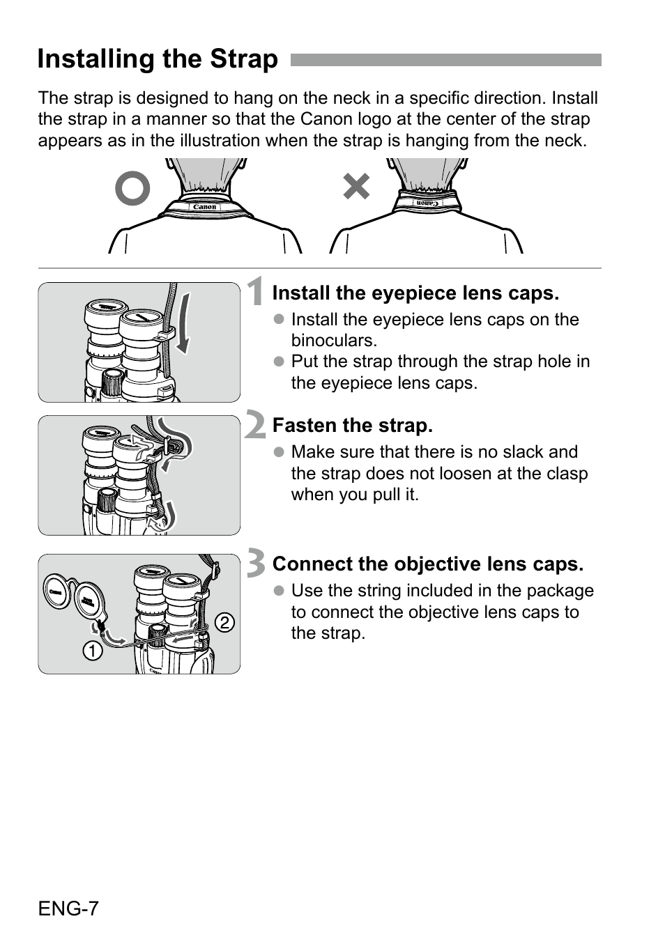 Installing the strap | Canon 10x42 L IS WP Image Stabilized Binoculars User Manual | Page 8 / 17