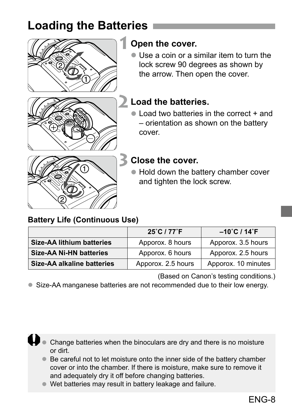 Loading the batteries | Canon 10x42 L IS WP Image Stabilized Binoculars User Manual | Page 9 / 17