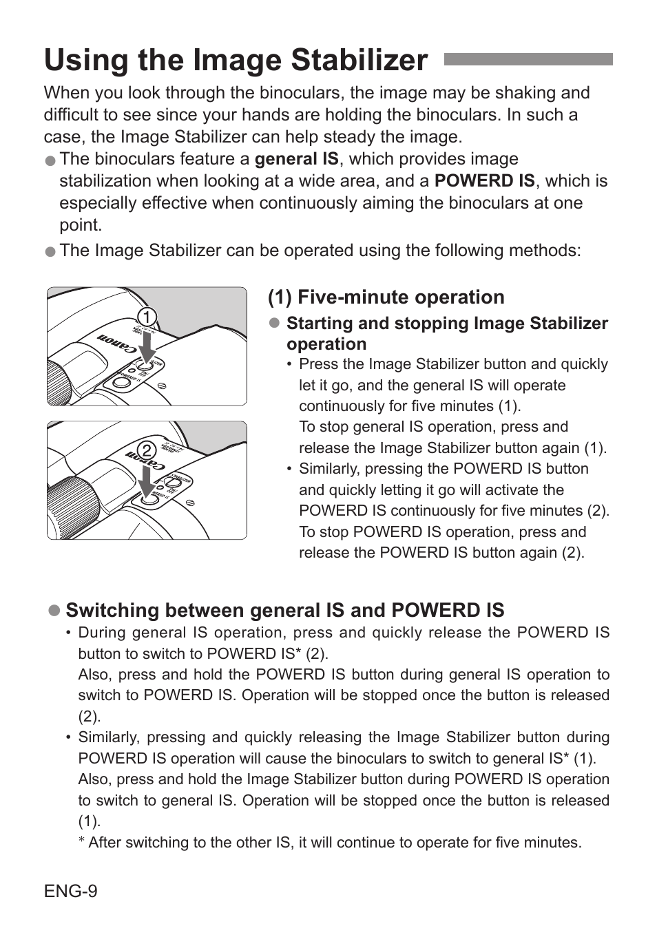Using the image stabilizer | Canon 14x32 IS Image Stabilized Binoculars User Manual | Page 10 / 16