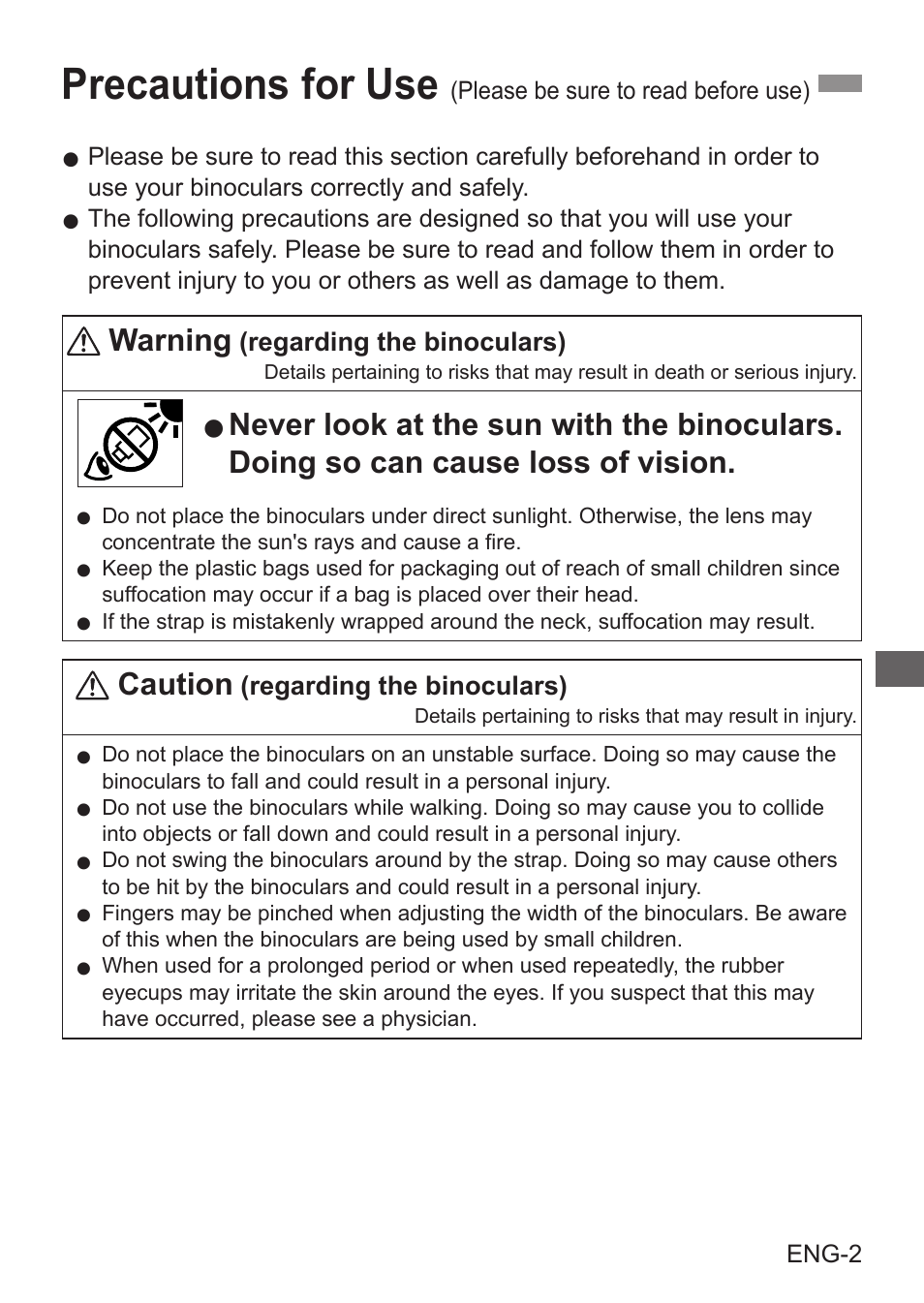 Precautions for use, Warning, Caution | Canon 14x32 IS Image Stabilized Binoculars User Manual | Page 3 / 16